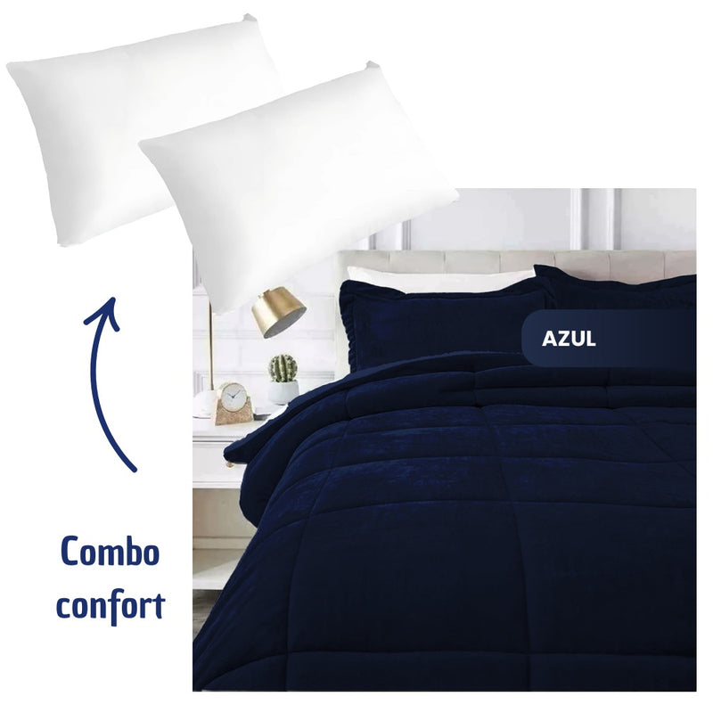 Combo Cubrelecho Termico Ovejero Doble Funda + 2 Almohadas Confort Siliconada