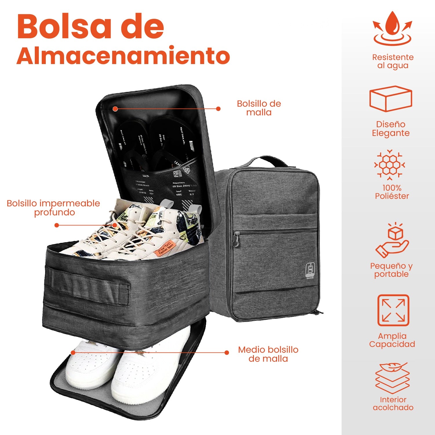 Combo Mochila Viajera + Organizador De Ropa Interior + Bolsa Para Zapatos Gris