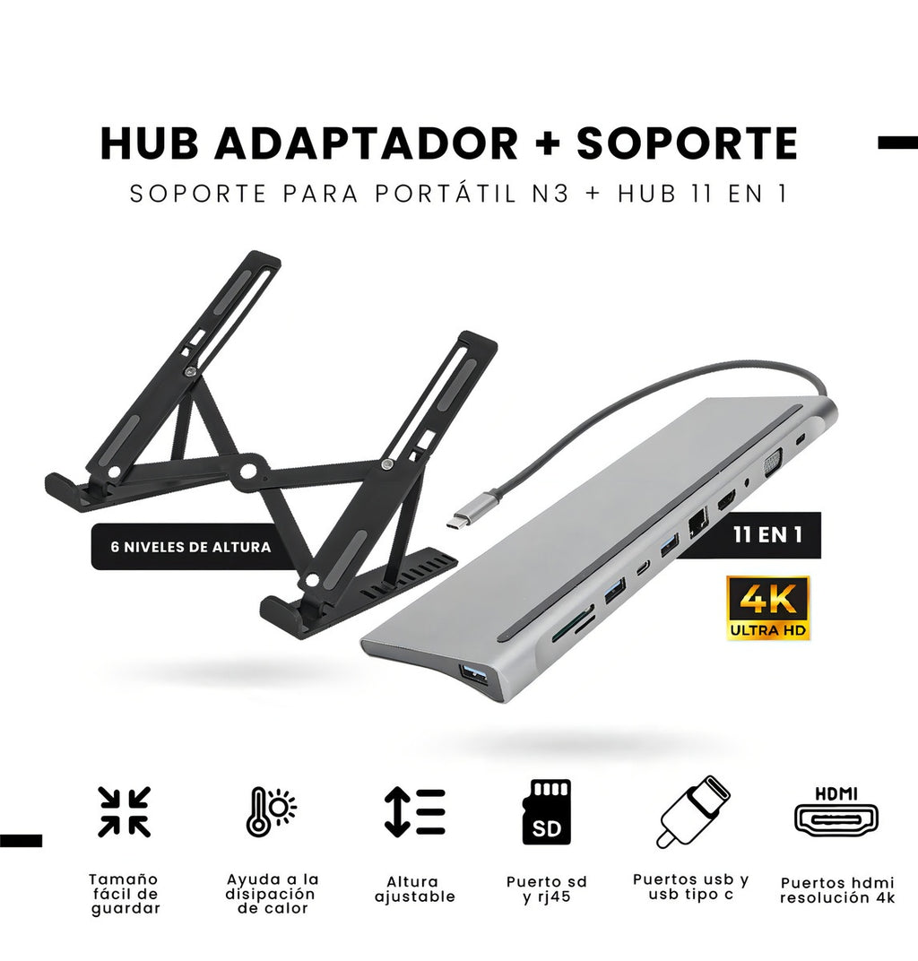 Multipuertos Hub 11 En 1 Innovo+ Con Soporte Plegable Para Laptop Portatil