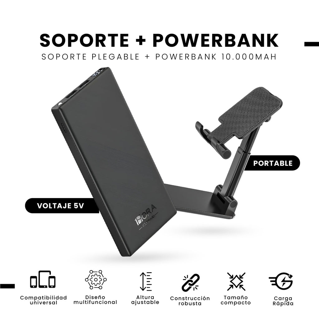 Power Bank 10000Mah + Soporte Celular Plegable Innovo Carga Rapida Led Usb-C