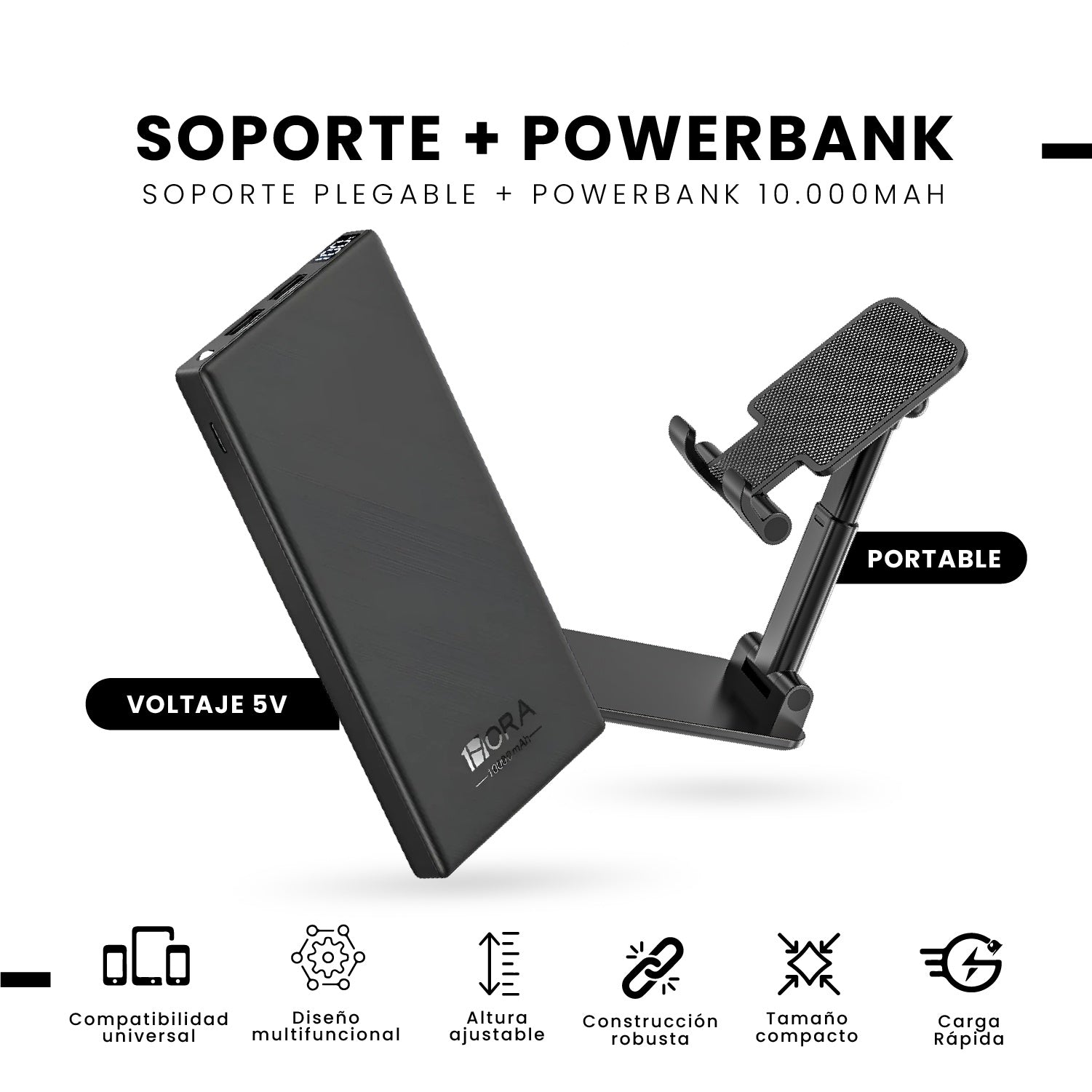 Power Bank 10000Mah + Soporte Celular Plegable Innovo Carga Rapida Led Usb-C