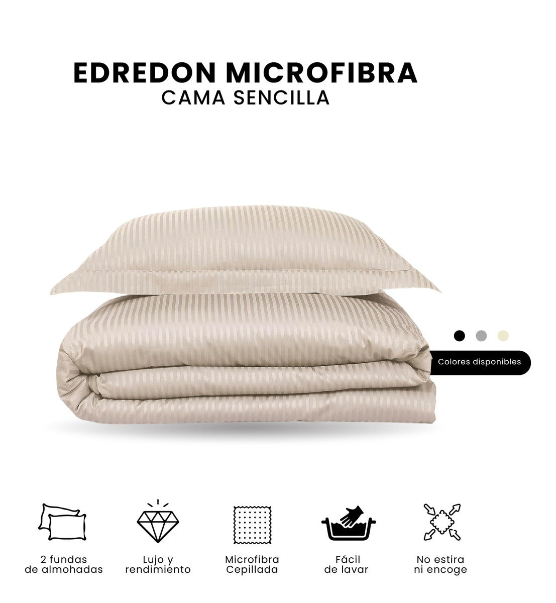 Edredon Microfibra Para Cama Sencilla 2 Fundas Tela Suave Innovo Beige