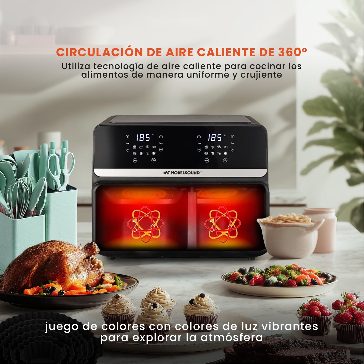 Freidora De Aire Nobelsound Air Fryer Doble Bandeja Con Accesorios Y Moldes 9 Litros
