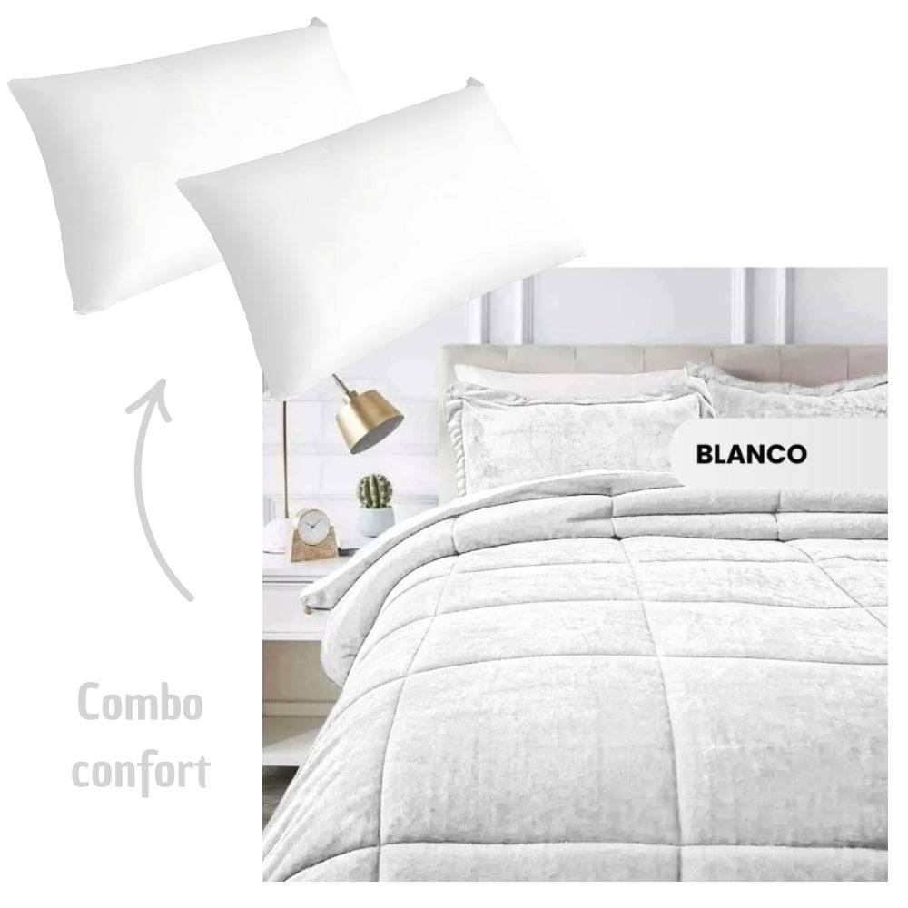 Combo Cubrelecho Termico Ovejero Doble Funda + 2 Almohadas Confort Siliconada