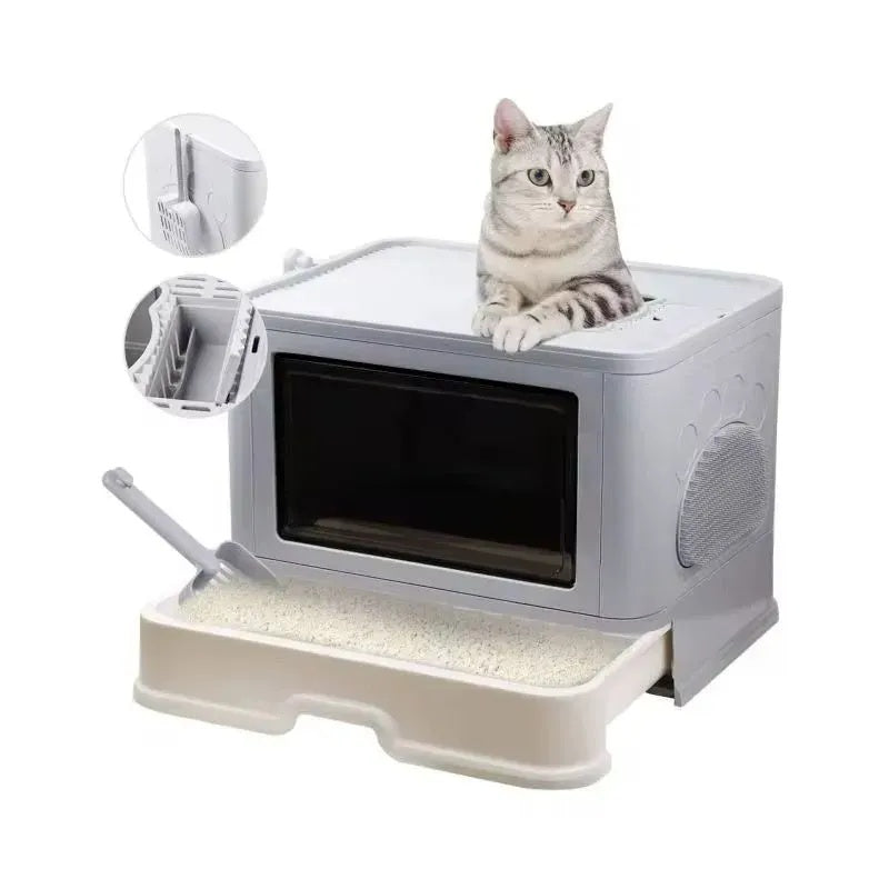 Caja De Arena Arenero Para Gatos Grande Plegable Hogar Con Puerta Facil Limpieza