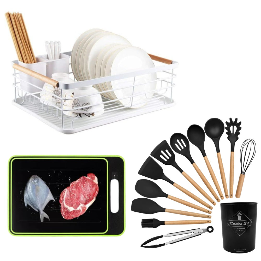 Combo Platero Escurridor Mangos Madera + Tabla Picar Descongela Carne + Set Utensilios X12