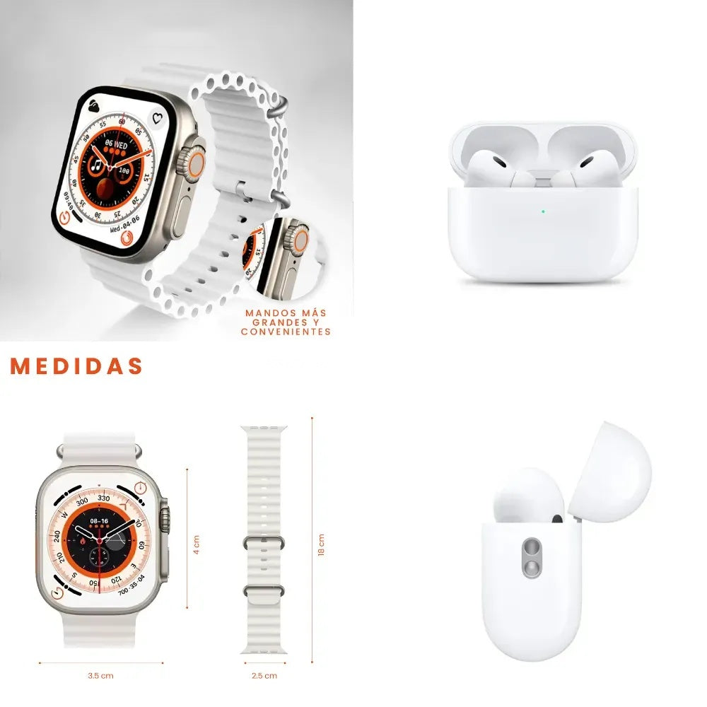 Combo Smartwatch T8 Ultra Plus + Audifonos Airpods Pro (Segunda Generacion) Full Calidad 1.1
