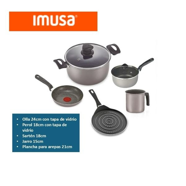 Bateria De Cocina Imusa 7 Piezas Antiadherente Con Sarten, Olla Y Plancha