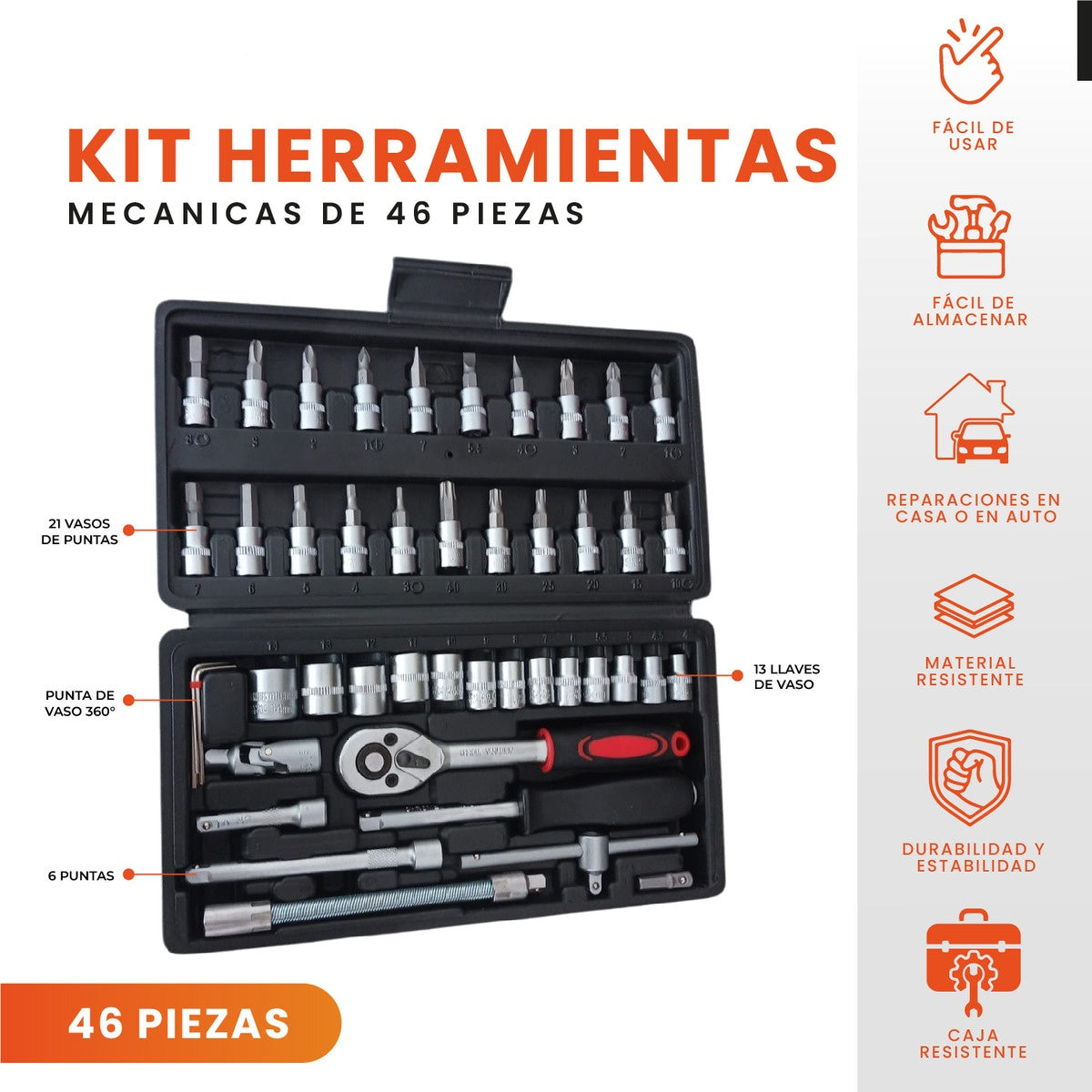 Juego De Copas Rache Puntas Extensor Estuche 46 Piezas Innovo