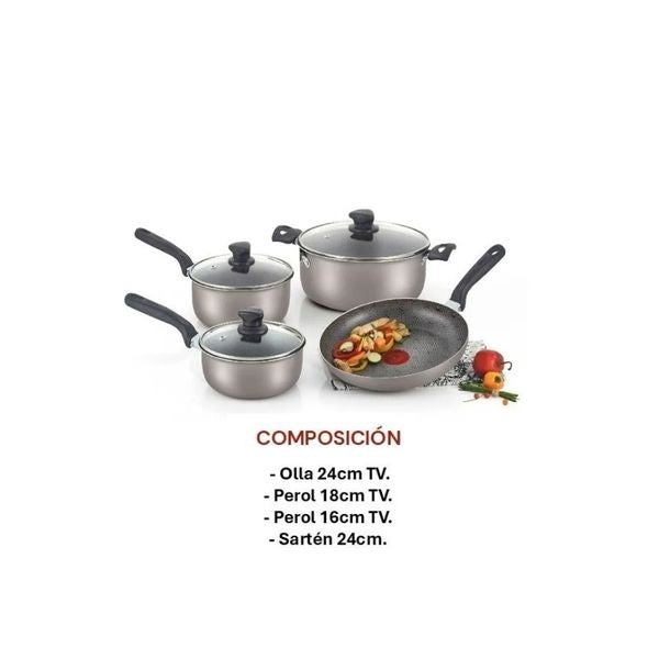 Bateria De Cocina Antiadherente 7 Piezas Imusa Smart Olla Perol Sarten Tapa Vidrio