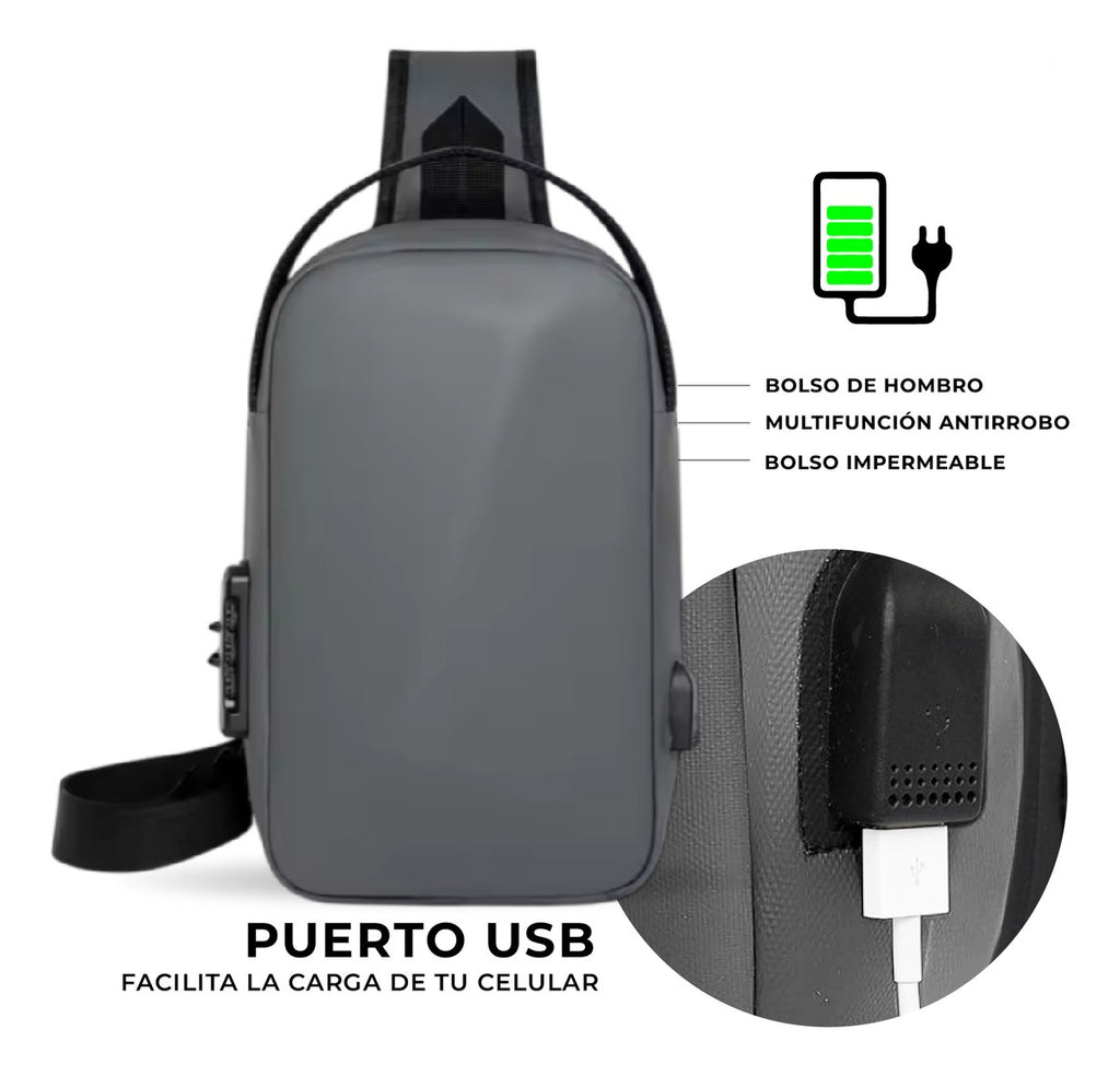 Morral Bolso Antirrobo Impermeable Con Puerto Usb Y Candado De Seguridad Gris