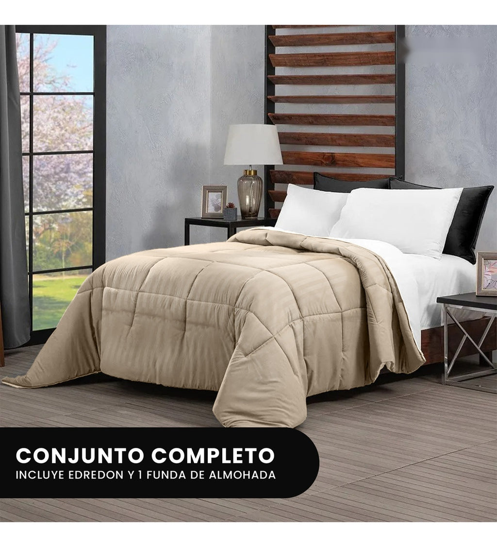 Edredon Microfibra Para Cama Sencilla 2 Fundas Tela Suave Innovo Beige
