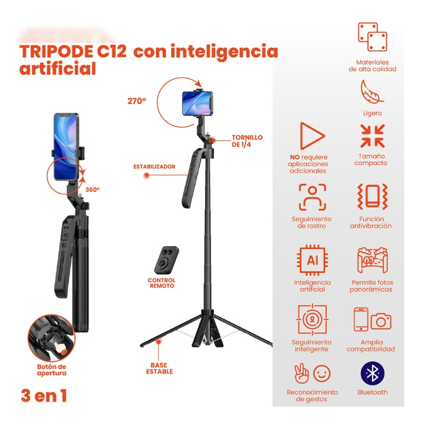 Palo Selfie Tripode Inteligencia Artificial 180 Cm Bluetooth + Aluminio Con Estuche Control Remoto