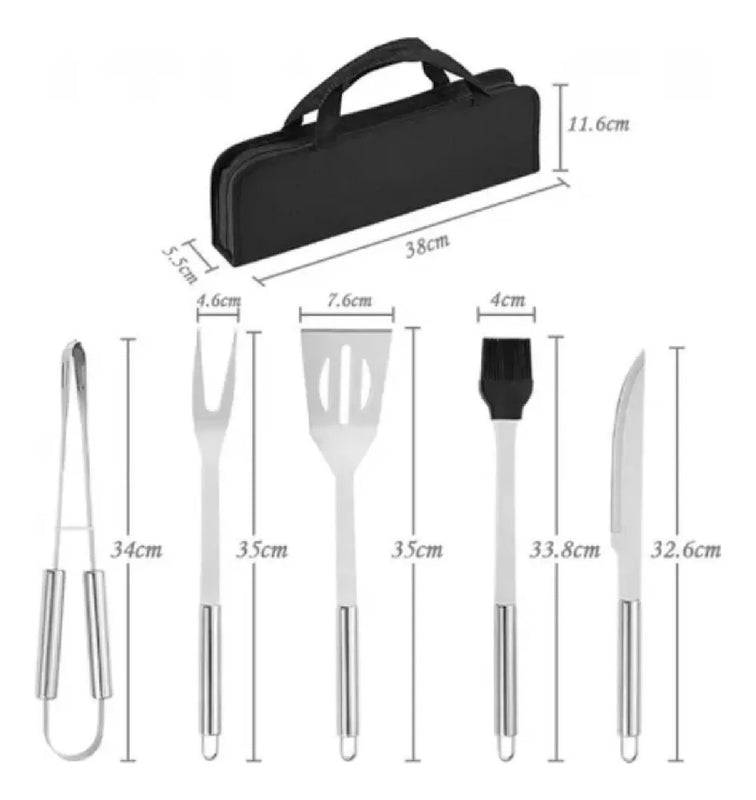 Set Kit Basico De Asado Bbq En Acero Inoxidable Con Estuche X6 Piezas