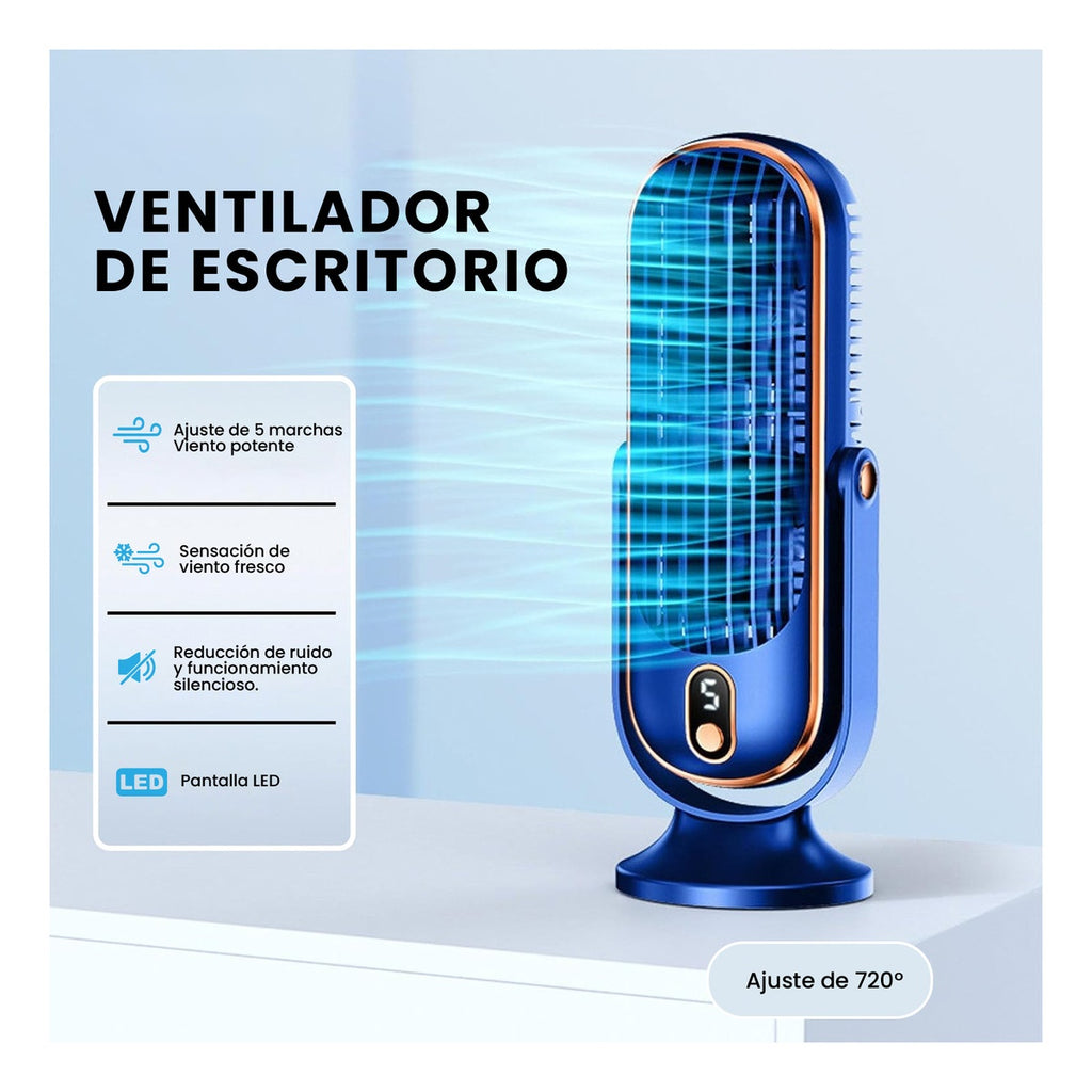 Mini Ventilador Mesa Escritorio Digital 5 Velocidades Recargable Azul Con Dorado