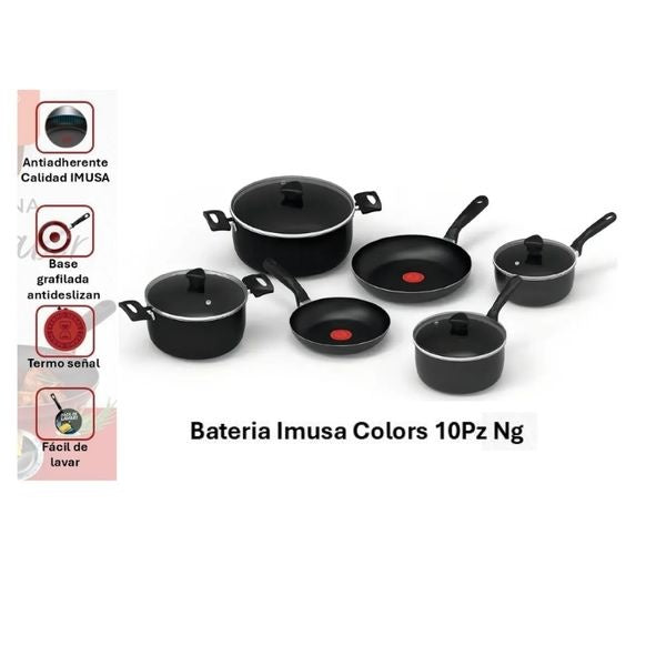 Bateria De Cocina Antiadherente Imusa Colors 10 Piezas Negra Con Tapa