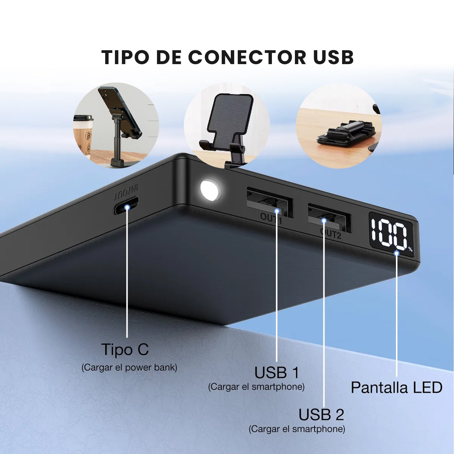 Power Bank 10000Mah + Soporte Celular Plegable Innovo Carga Rapida Led Usb-C