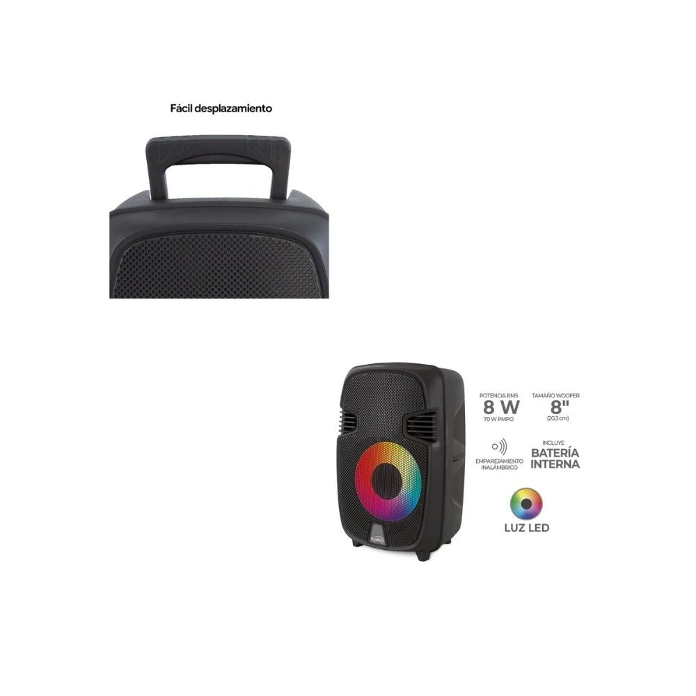 Parlante Portatil Kalley 8" Bluetooth 70W Led Bateria Recargable Microfono