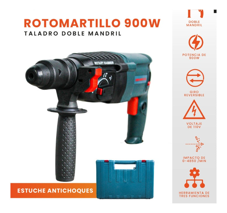 Rotomartillo Hammer Doble Mandril Percutor Taladro Con Estuche Trabajo Liviano 900W