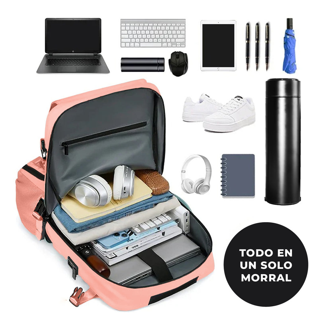 Bolso Todo En Uno Para Laptop Rosado Viajero Impermeable Con Termo Led