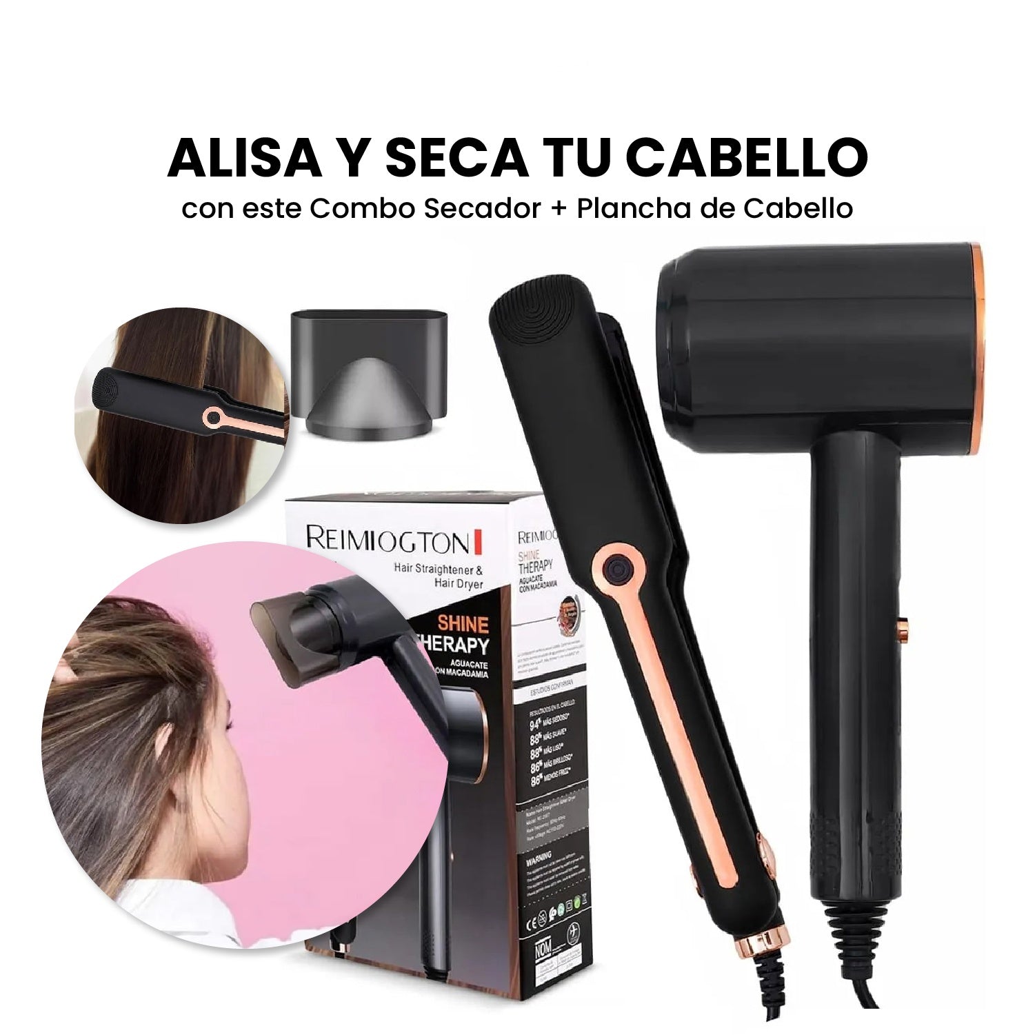 Secador Y Plancha Remiogton Con Aceite De Aguacate Y Macadamia Anti Frizz, Brillo Y Termoprotector