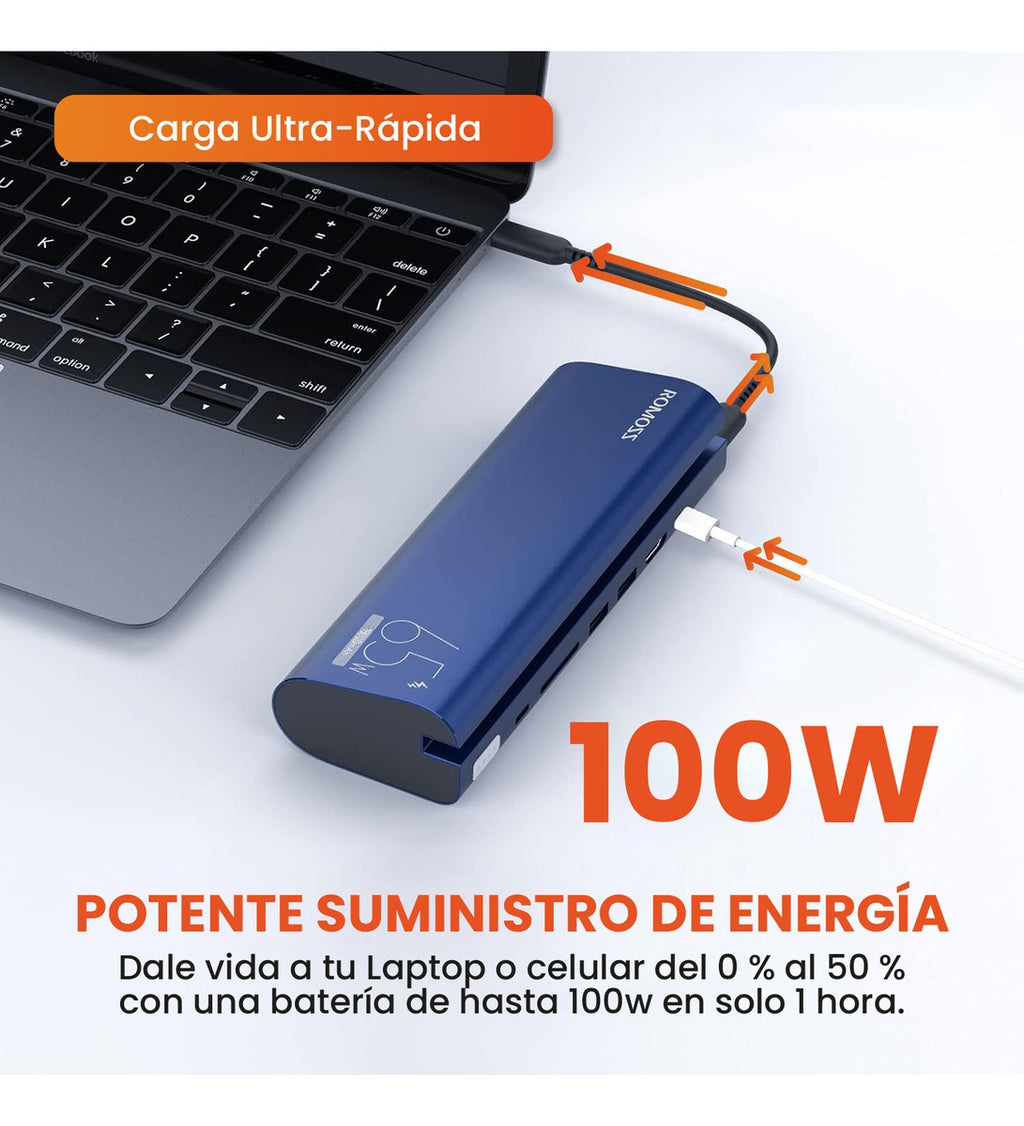 Power Bank Cargador Para Laptop Celulares 18.000 Mah 100W Con Multipuertos 6 En 1 Romoss