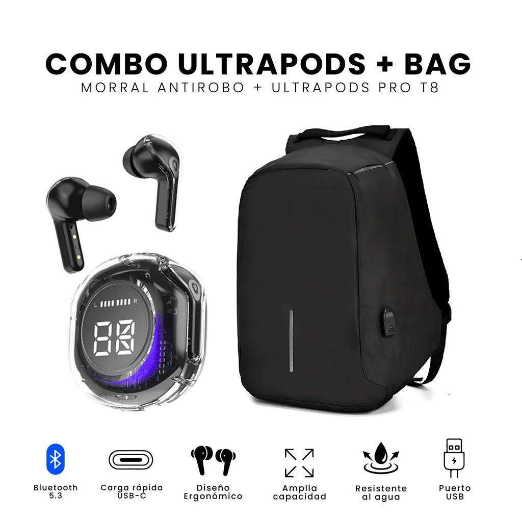 Morral Antirrobo Con Puerto Usb Y Compartimento Para Laptop Con Audifonos Bluetooth