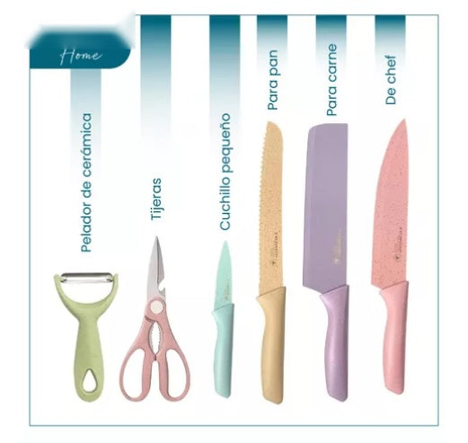 Combo Tabla Para Picar 4 En 1 + Set X6 Piezas Cuchillos Bali