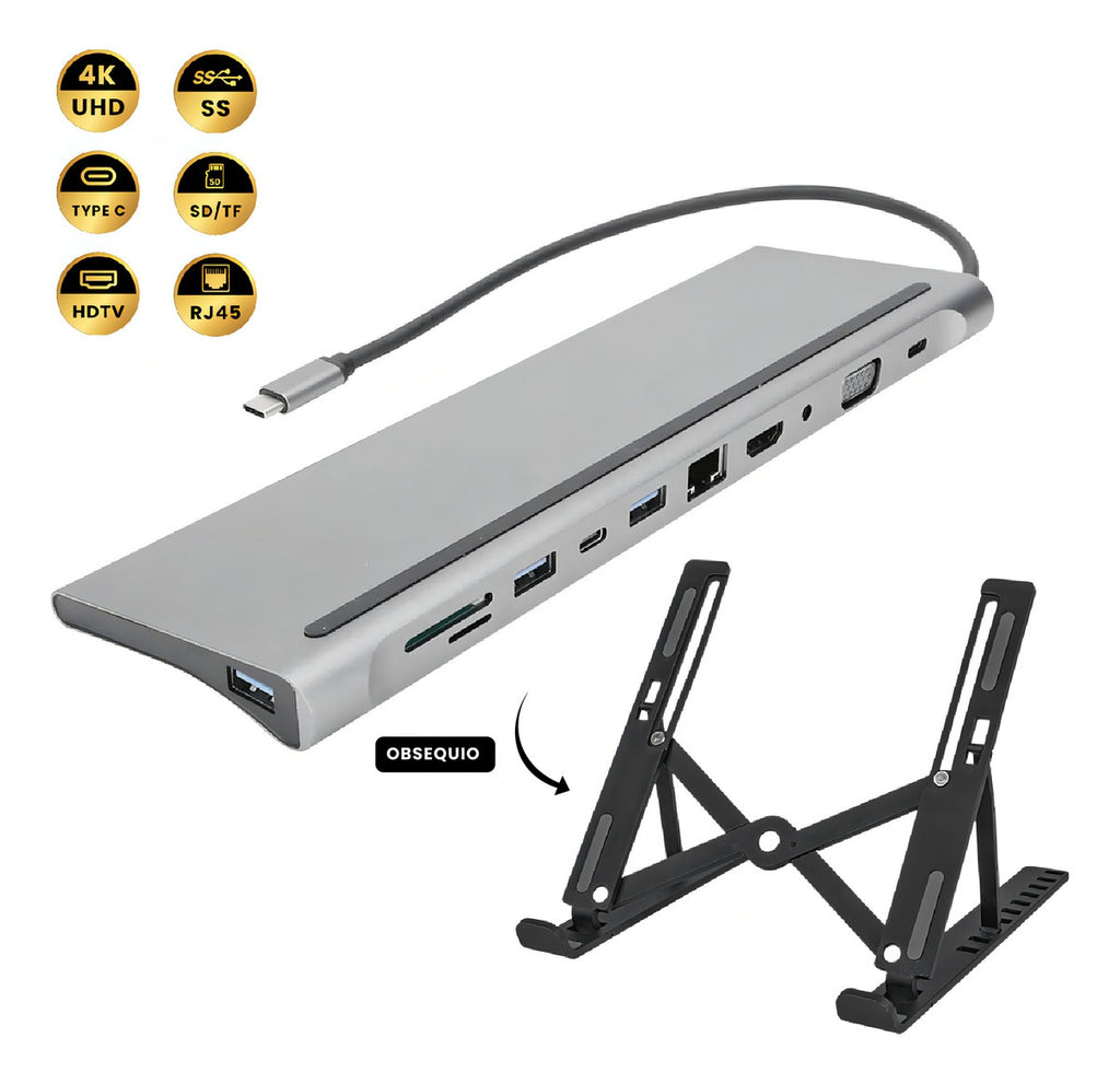 Multipuertos Hub 11 En 1 Innovo+ Con Soporte Plegable Para Laptop Portatil