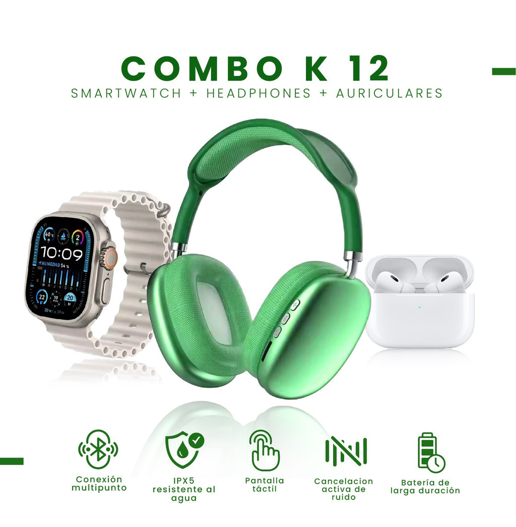 Combo Green K12 Smart Watch 7 Pulsos V5.3 Wireless Con Audifonos Tactil Y Audifonos Diadema Innovo Tech