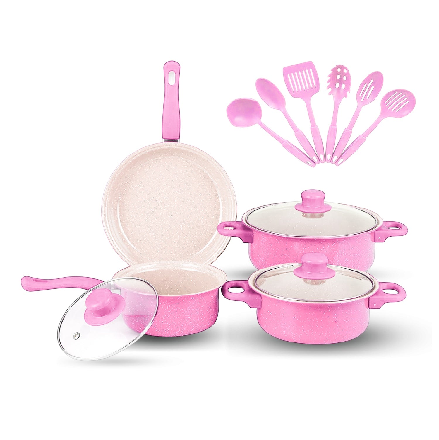 Juego De Ollas Con Tapa Vidrio Esmaltada Con Utensilios 13 Piezas Rosado