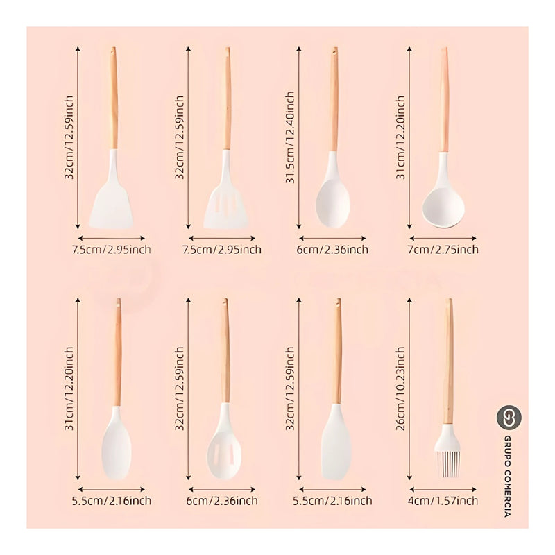 Combo Platero Escurridor Mangos Madera + Set Utensilios X19 Piezas En Silicona + Obsequio Triturador De Ajo