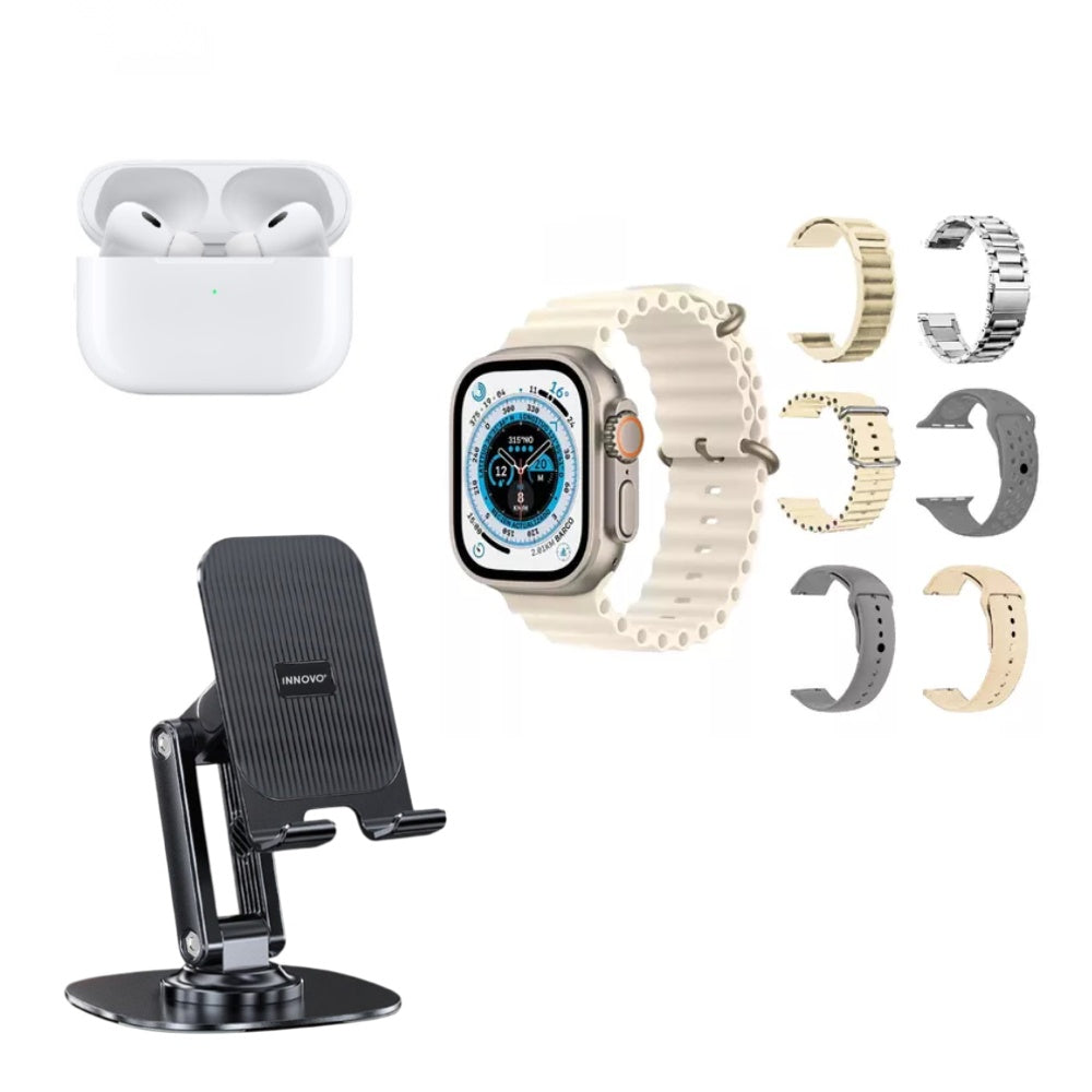 Combo Smartwatch Sport V11 Classic Suit 7 Pulsos Beige Con Audifonos Y Soporte Giratorio Celular