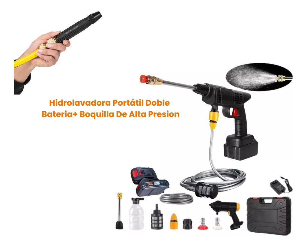 Hidrolavadora Portatil Doble Bateria Mas Accesorios + Boquilla De Alta Presion Lavado Rapido