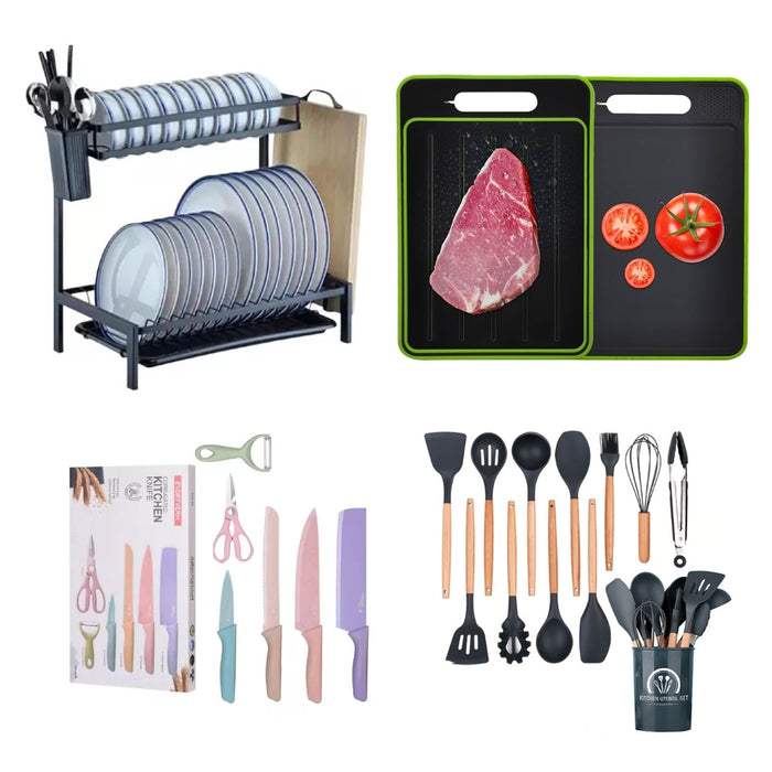 Combo Cook Home Escurridor De Platos 2 Niveles Tabla De Picar Set De Cuchillos X6 Y Set De Utensilios X12 Piezas
