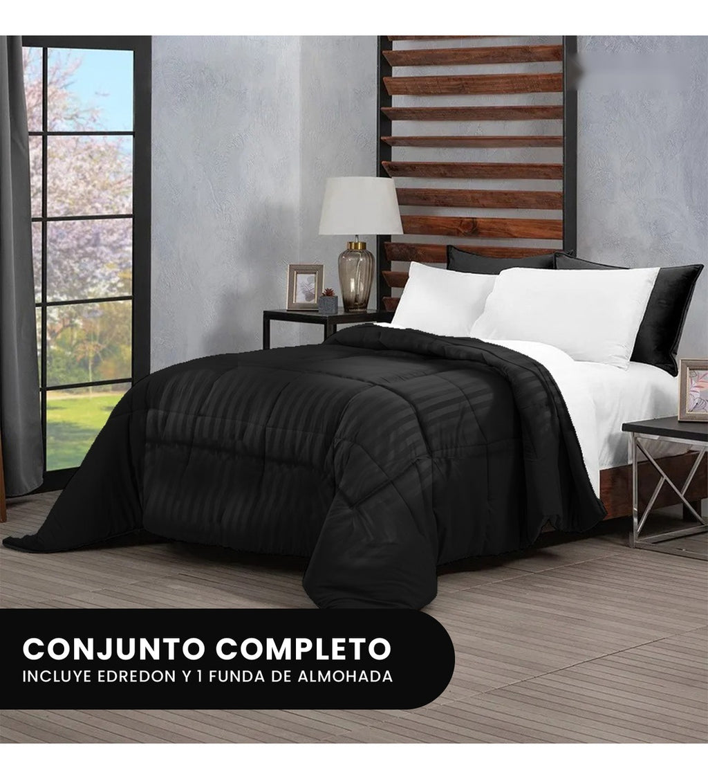 Edredon Microfibra Para Cama Sencilla 2 Fundas Tela Suave Innovo Negro
