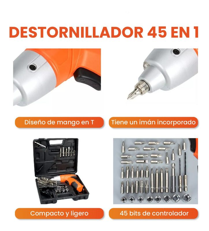 Atornillador Recargable 45 Piezas Con Estuche