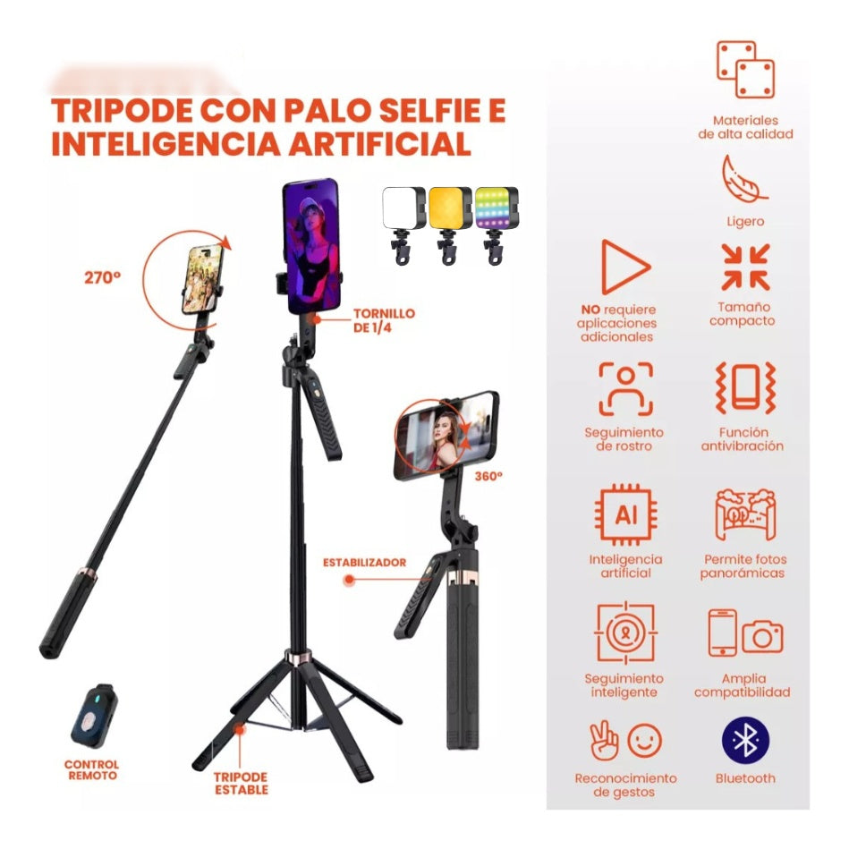 Palo Selfie Seguimiento Facial Tripode Todo En 1 Selfie Con Ia Bluetooth Con Panel De Luz Rgb