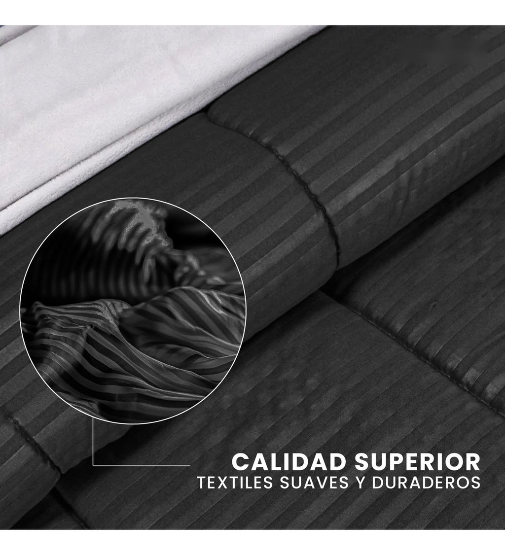 Edredon Microfibra Para Cama Sencilla 2 Fundas Tela Suave Innovo Negro