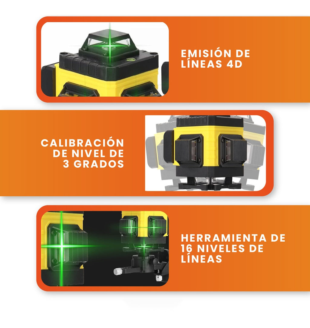 Nivel Laser 4D 16 Lineas Autonivelante 2 Baterias Con Accesorios Profesional Estuche