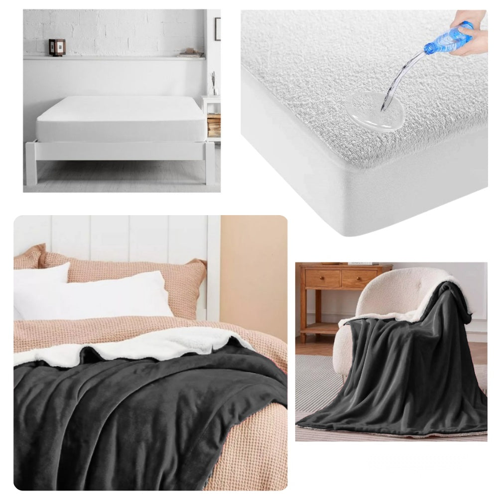 Combo Protector De Colchon Antifluido + Cobija Termica Ovejera Doble Faz 180 X 240