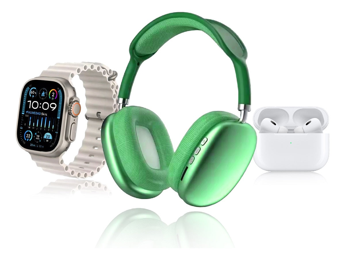 Combo Green K12 Smart Watch 7 Pulsos V5.3 Wireless Con Audifonos Tactil Y Audifonos Diadema Innovo Tech