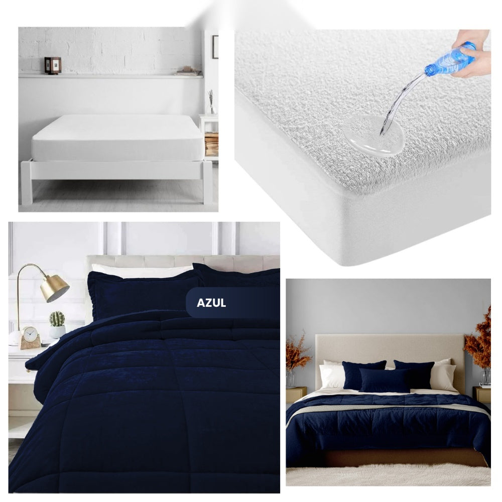 Combo Cubrelecho Termico Doble Funda Ovejero + Protector De Colchon Antifluido