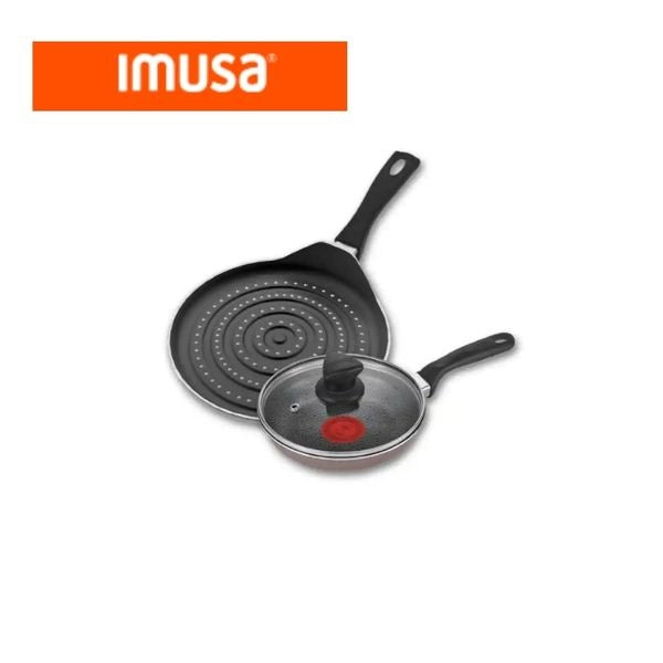Set Sartenes Imusa Antiadherentes Con Tapa Vidrio + Disco Difusor 2 Piezas