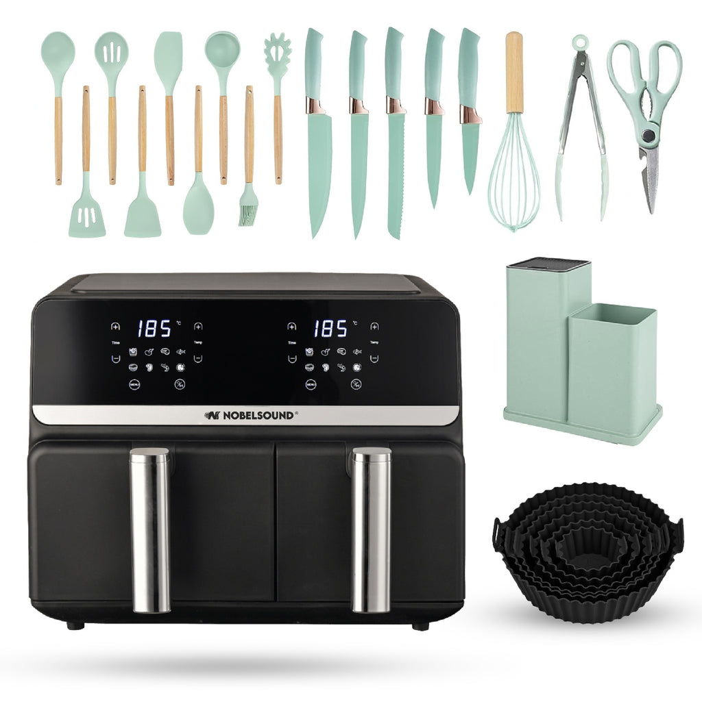 Freidora De Aire Nobelsound Air Fryer Doble Bandeja Con Accesorios Y Moldes 9 Litros