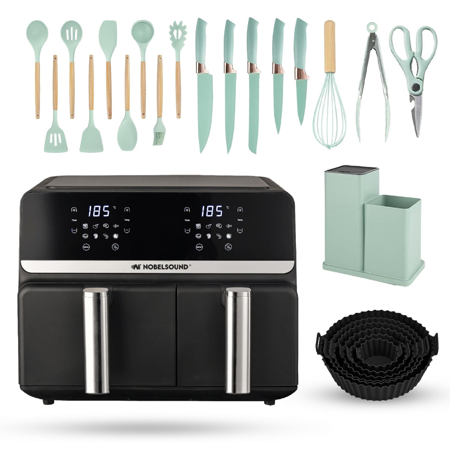 Freidora De Aire Nobelsound Air Fryer Doble Bandeja Con Accesorios Y Moldes 9 Litros