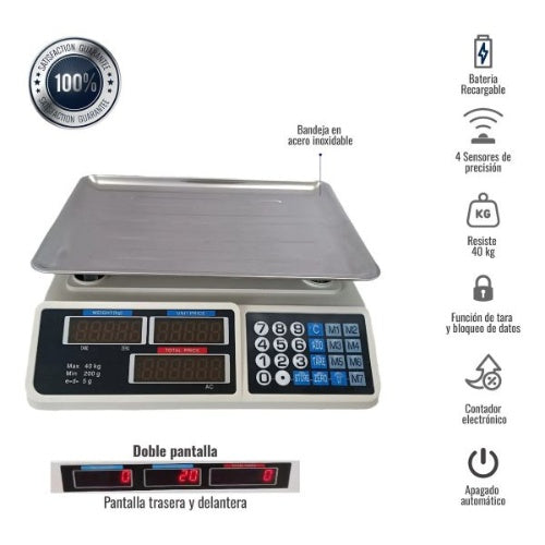 Bascula 40Kg Doble Pantalla Tara Acero Inoxidable Digital