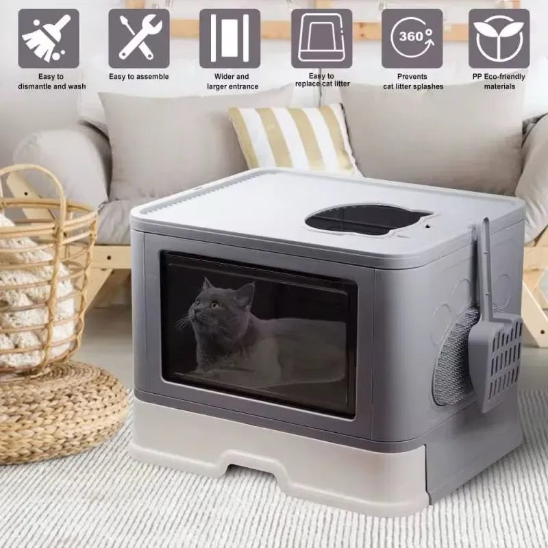 Caja De Arena Arenero Para Gatos Grande Plegable Hogar Con Puerta Facil Limpieza