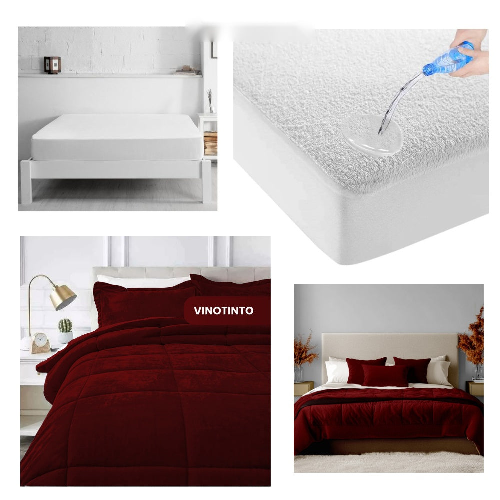 Combo Cubrelecho Termico Doble Funda Ovejero + Protector De Colchon Antifluido