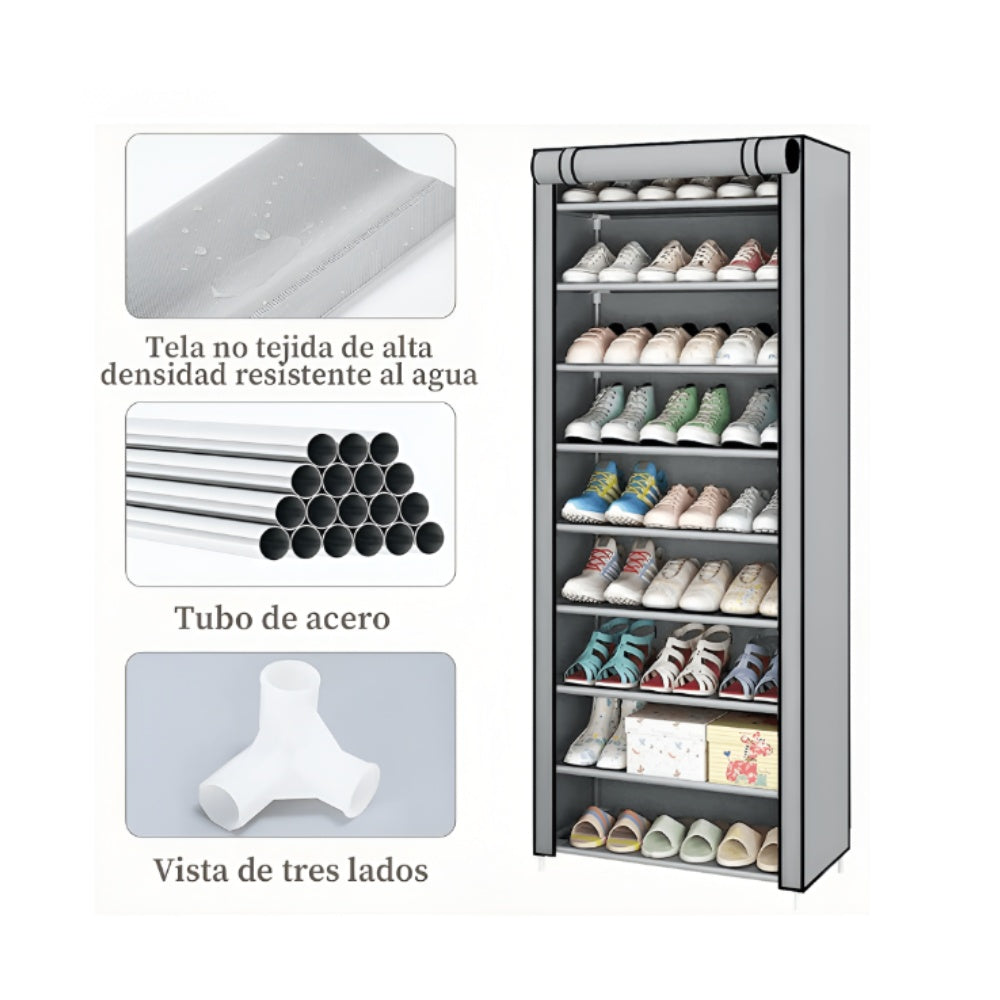 Closet Zapatero Organizador 9 Niveles Calzado Armable En Tela Gris Diseno Torre